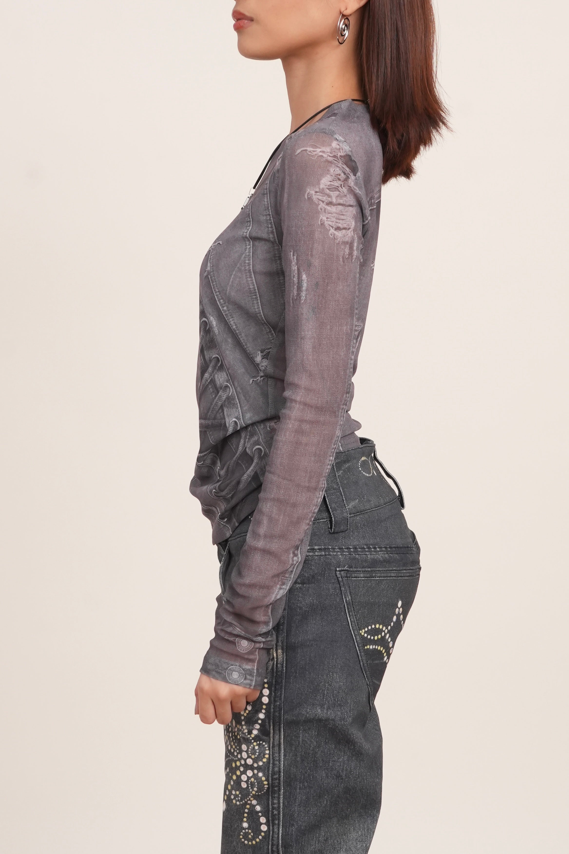 Denim Print Long-Sleeve Slim Fit Top