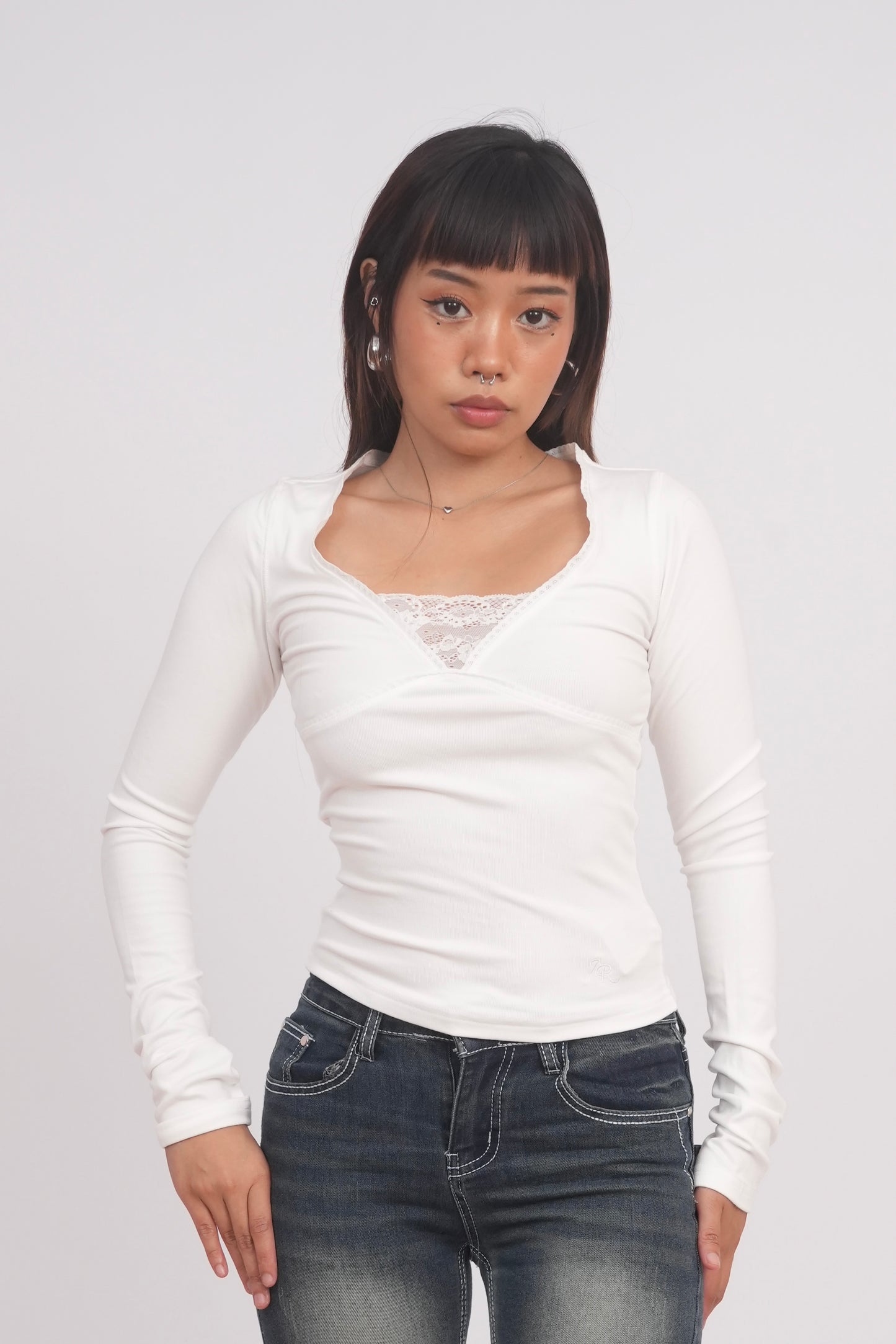Babydoll Long Sleeve Top with Lace Detail