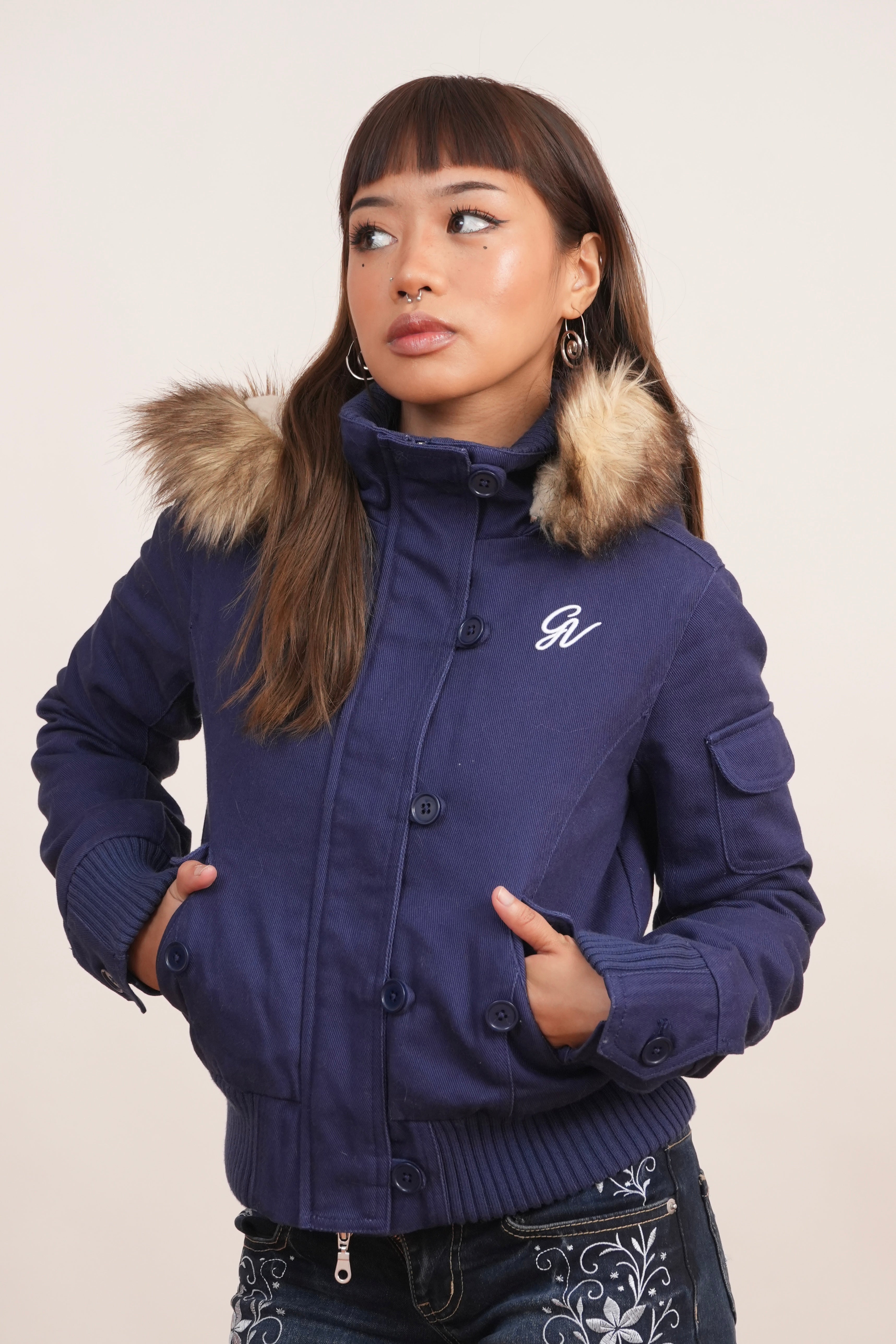 V2 2000s Jacket with Fur Collar