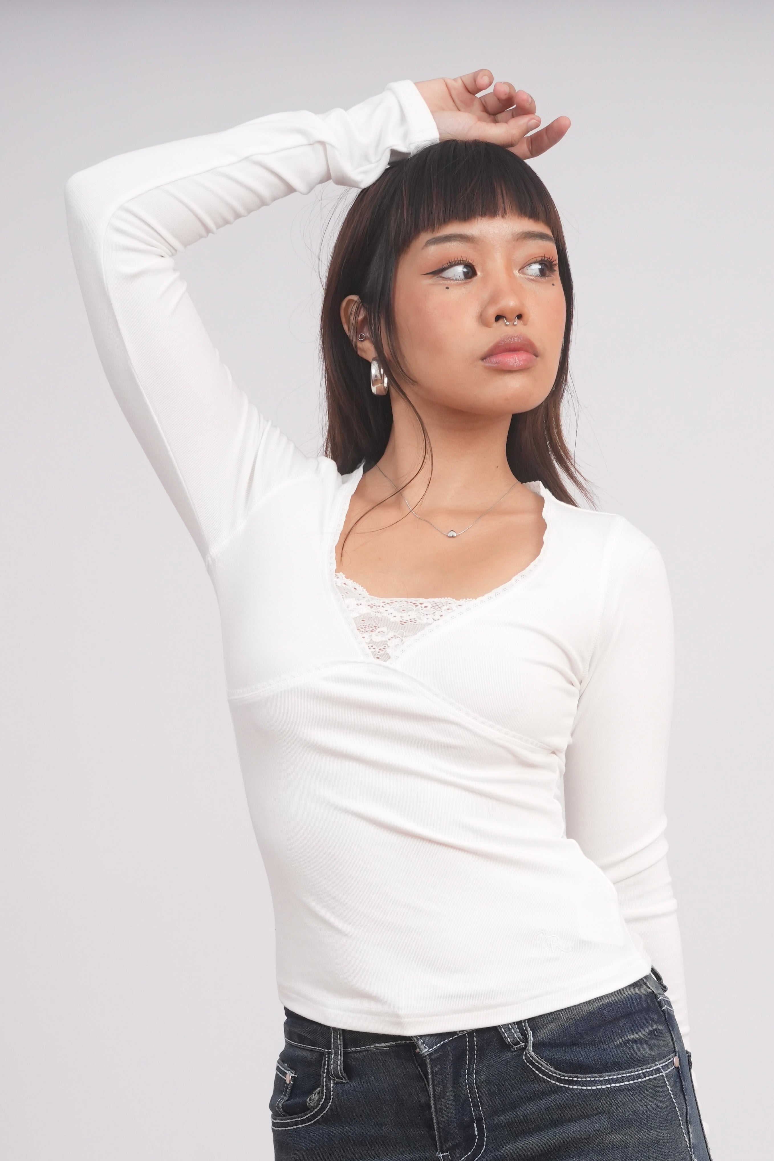 Babydoll Long Sleeve Top with Lace Detail