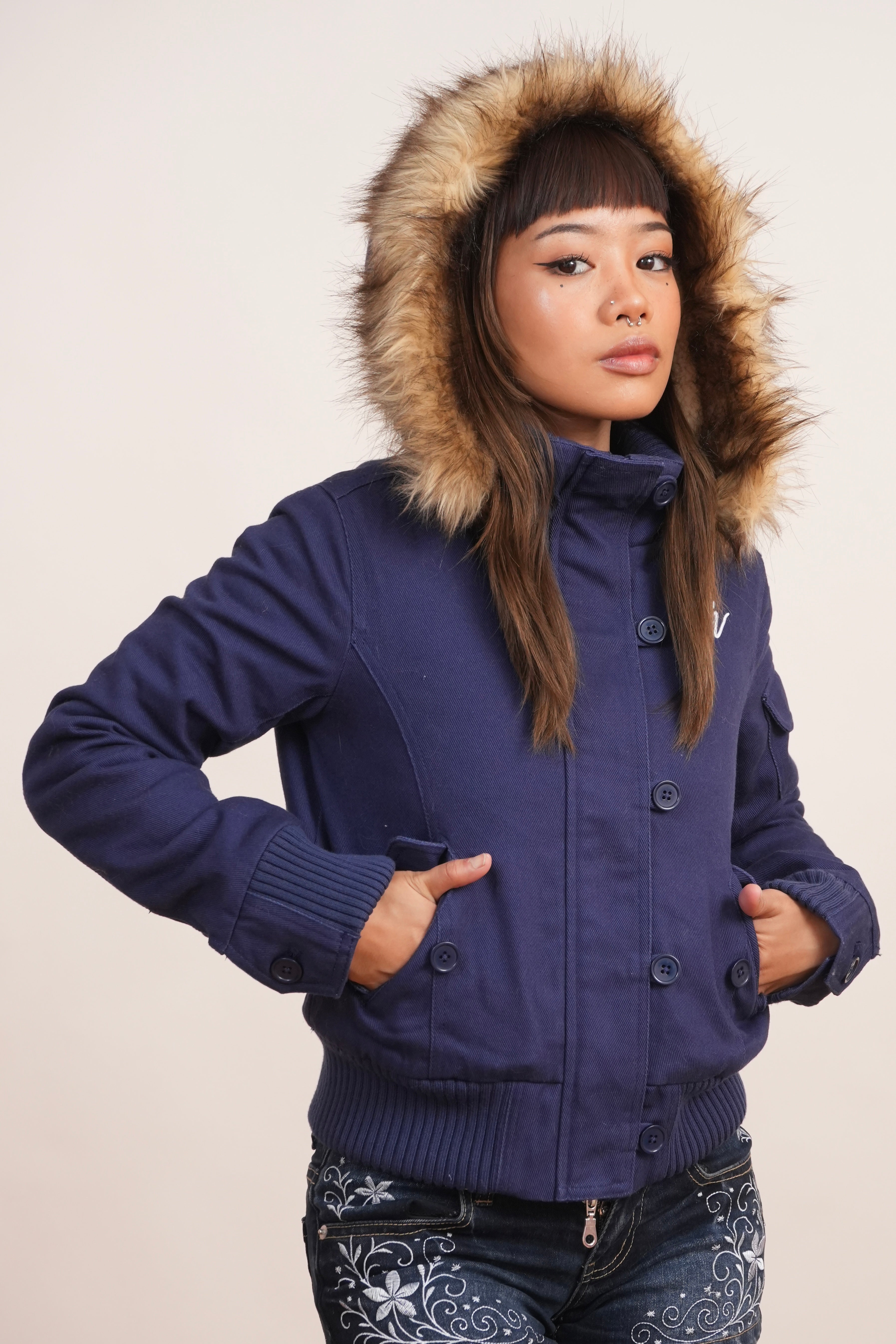 V2 2000s Jacket with Fur Collar