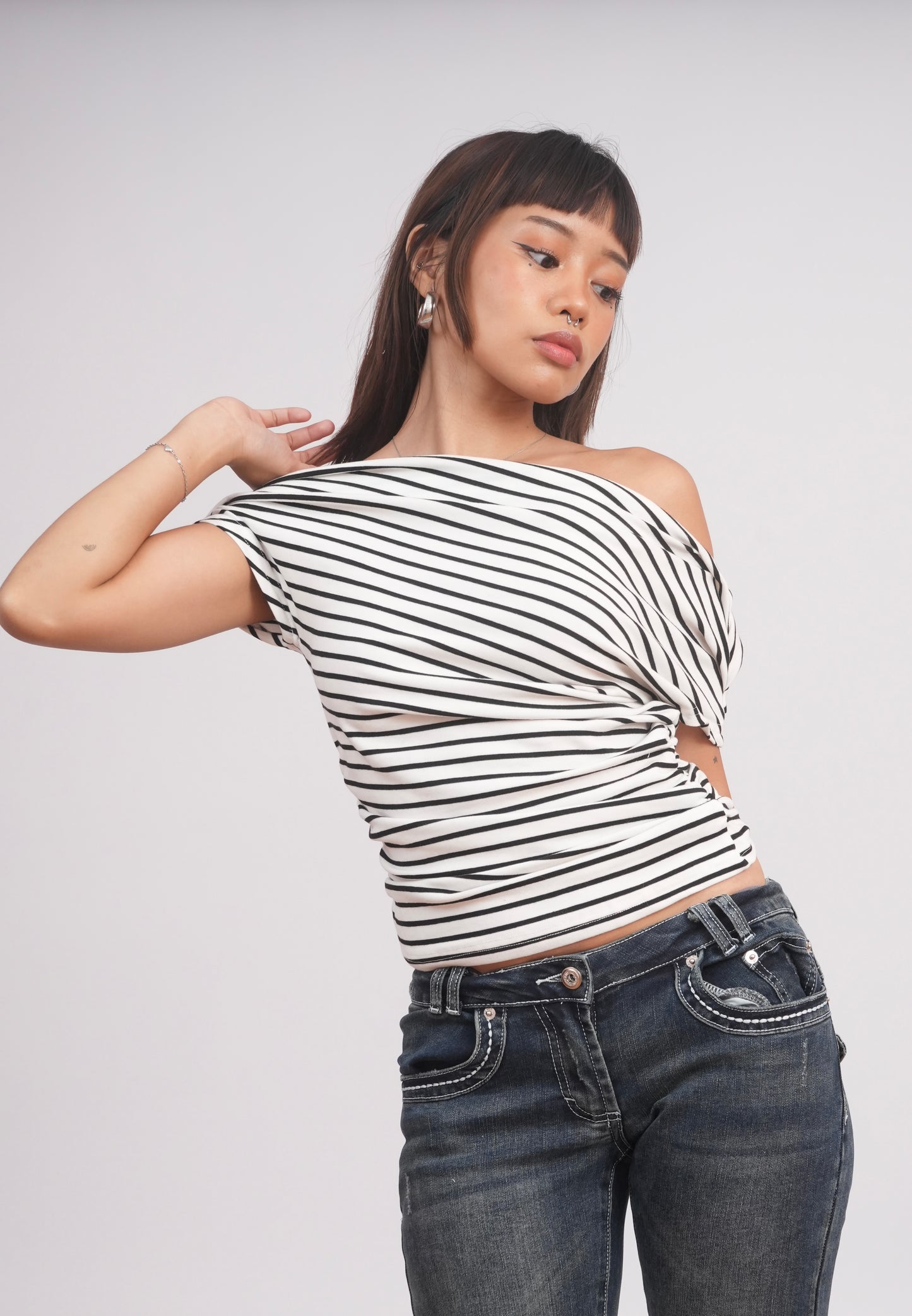 Black & White Striped Off-Shoulder Top