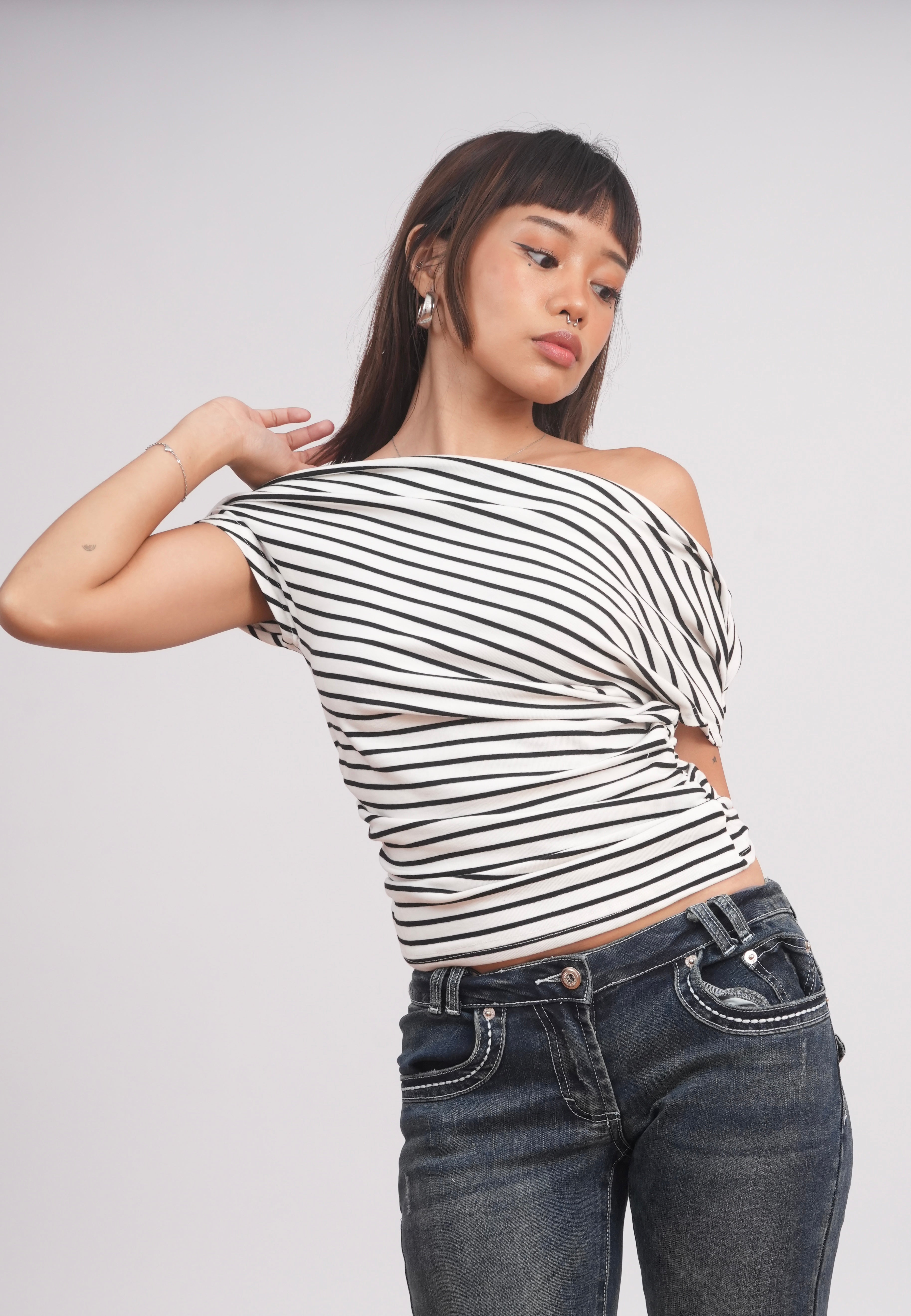Black & White Striped Off-Shoulder Top