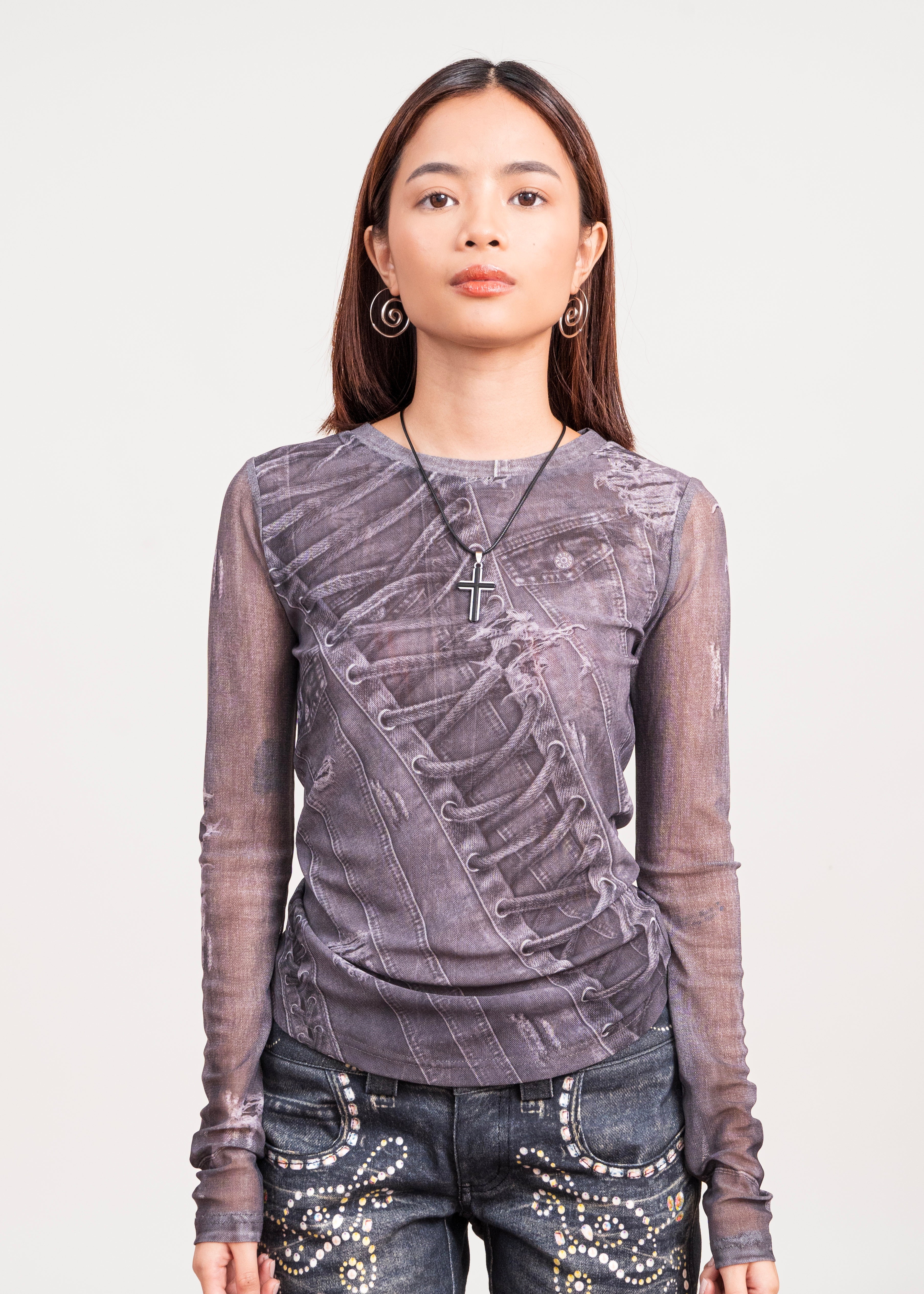 Denim Print Long-Sleeve Slim Fit Top
