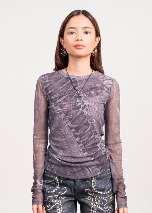 Denim Print Long-Sleeve Slim Fit Top