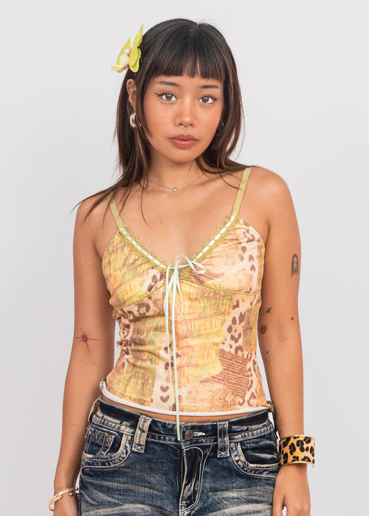 Leopard Print Contrast Lace Bow Camisole