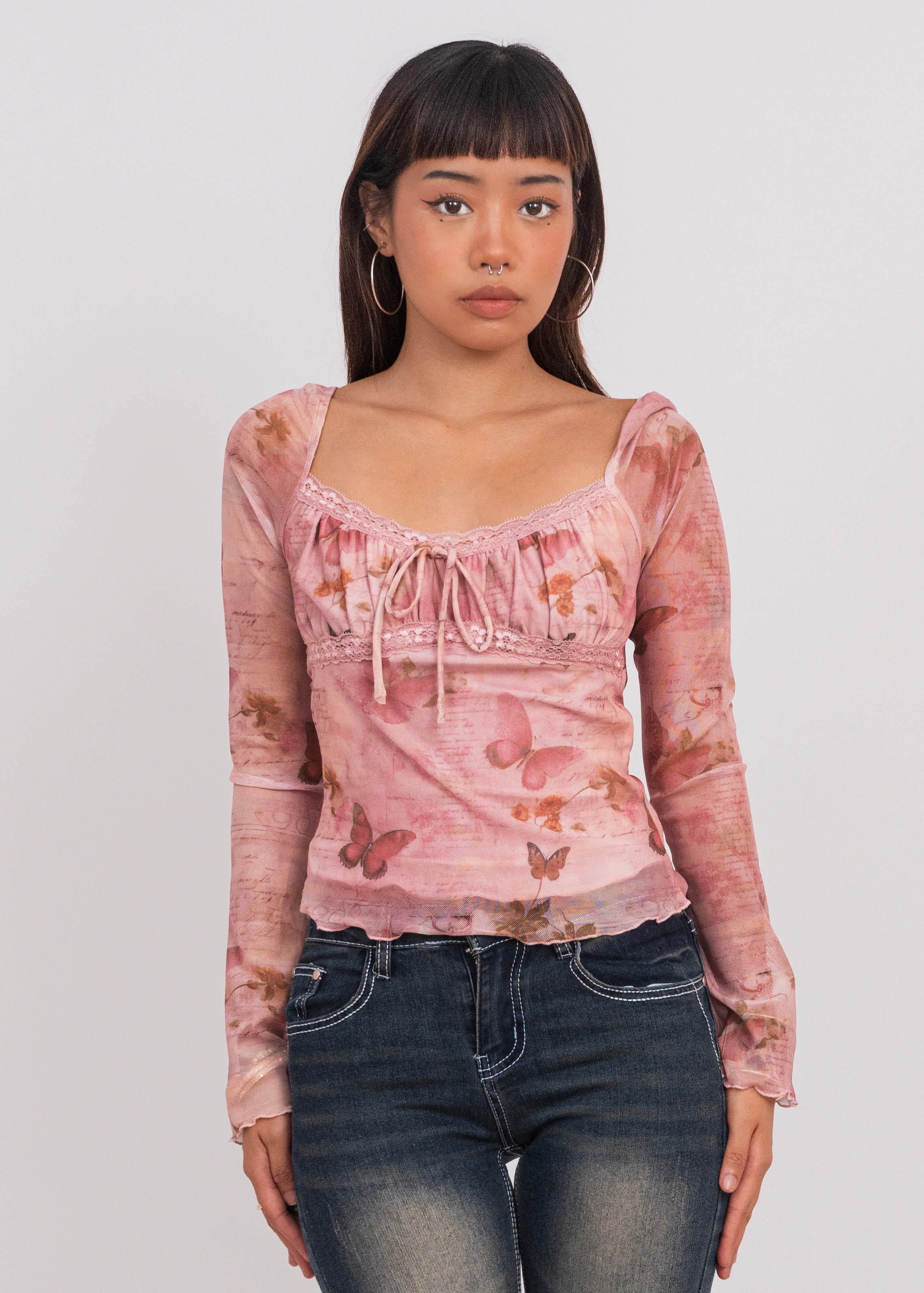 Pink Mesh Long Sleeve Top