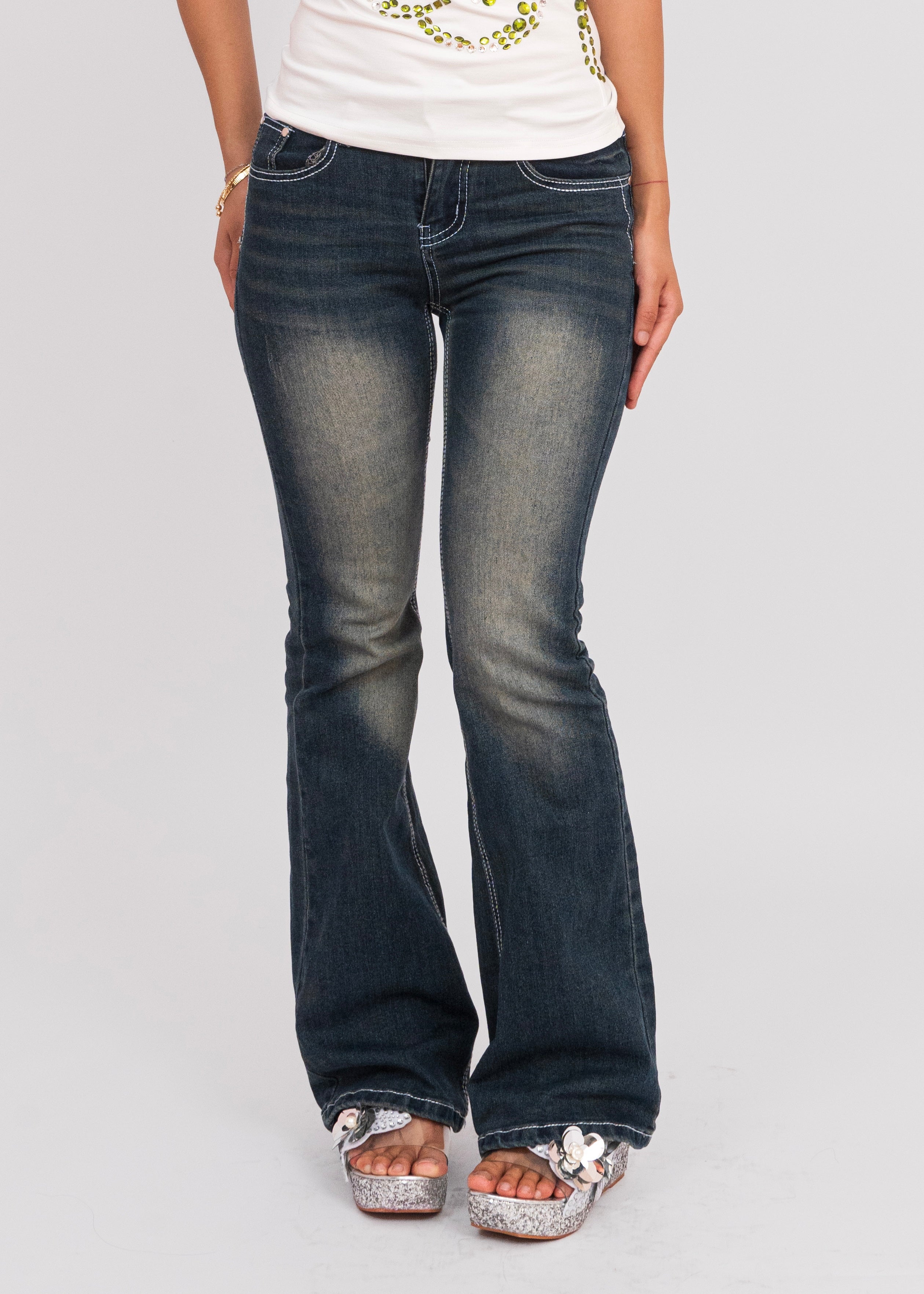 Low Waist Patch Work Flared Jeans