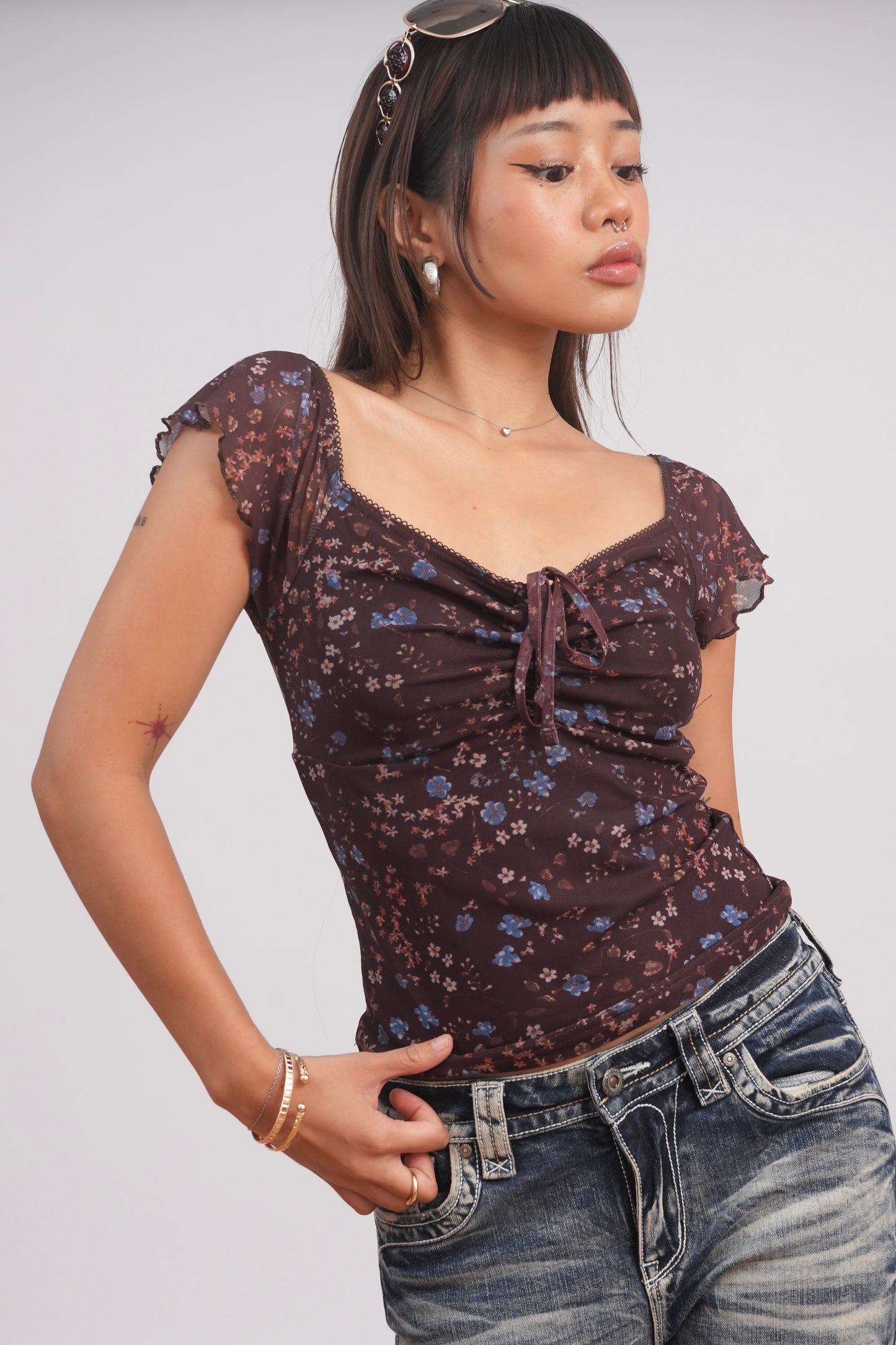 Brown Floral Mesh Top