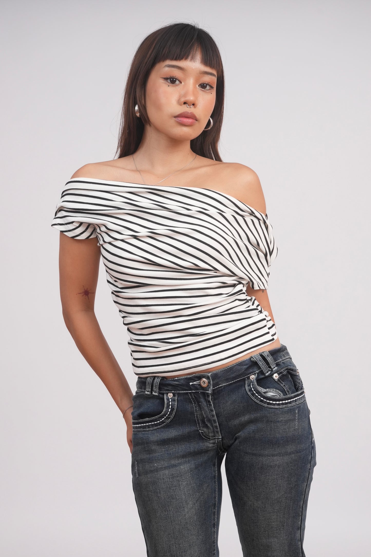Black & White Striped Off-Shoulder Top