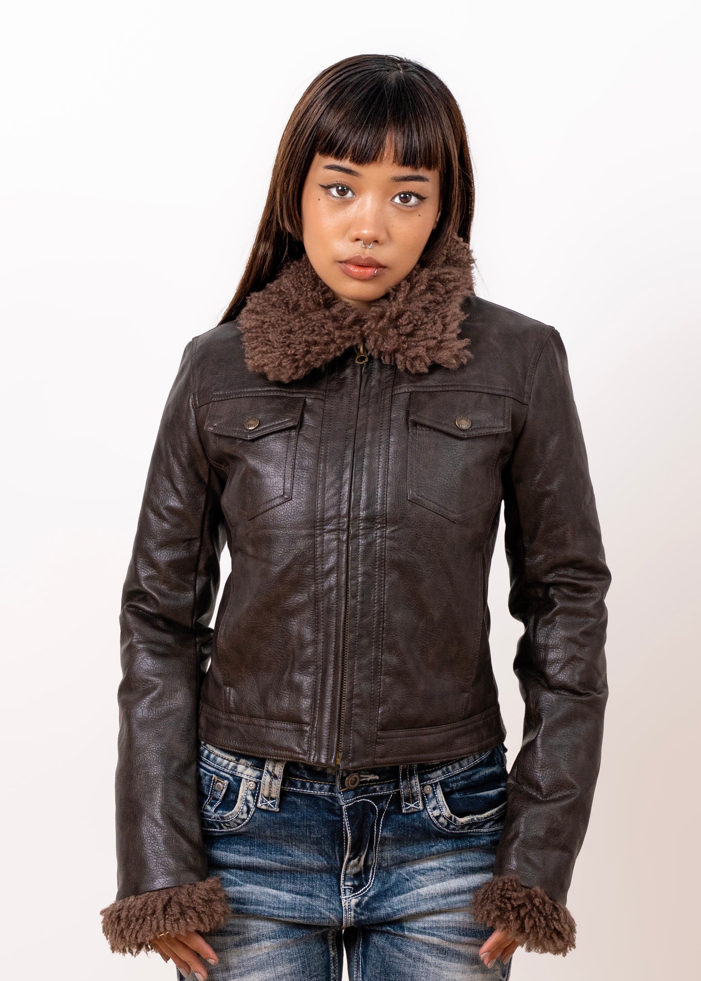 Leather Fur Collar & Sleeves Jacket