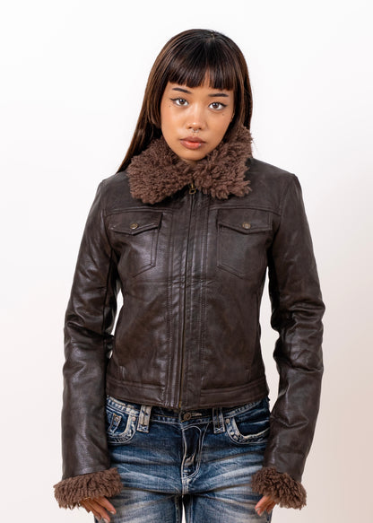 Leather Fur Collar & Sleeves Jacket