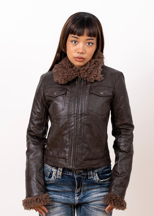 Leather Fur Collar & Sleeves Jacket