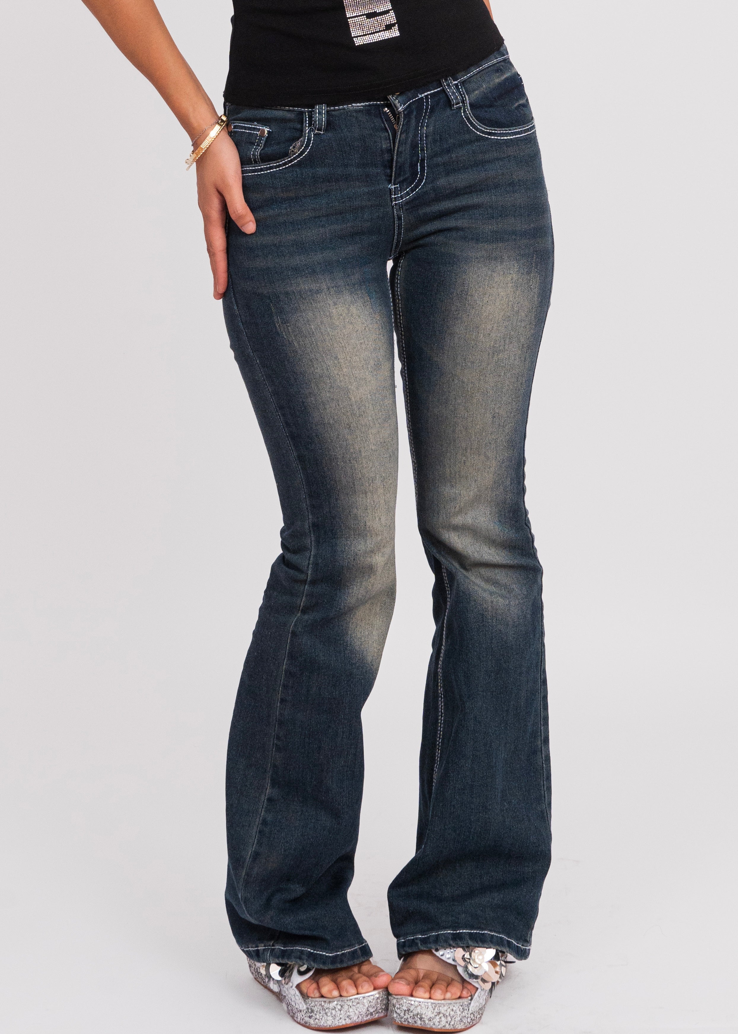 Low Waist Patch Work Flared Jeans