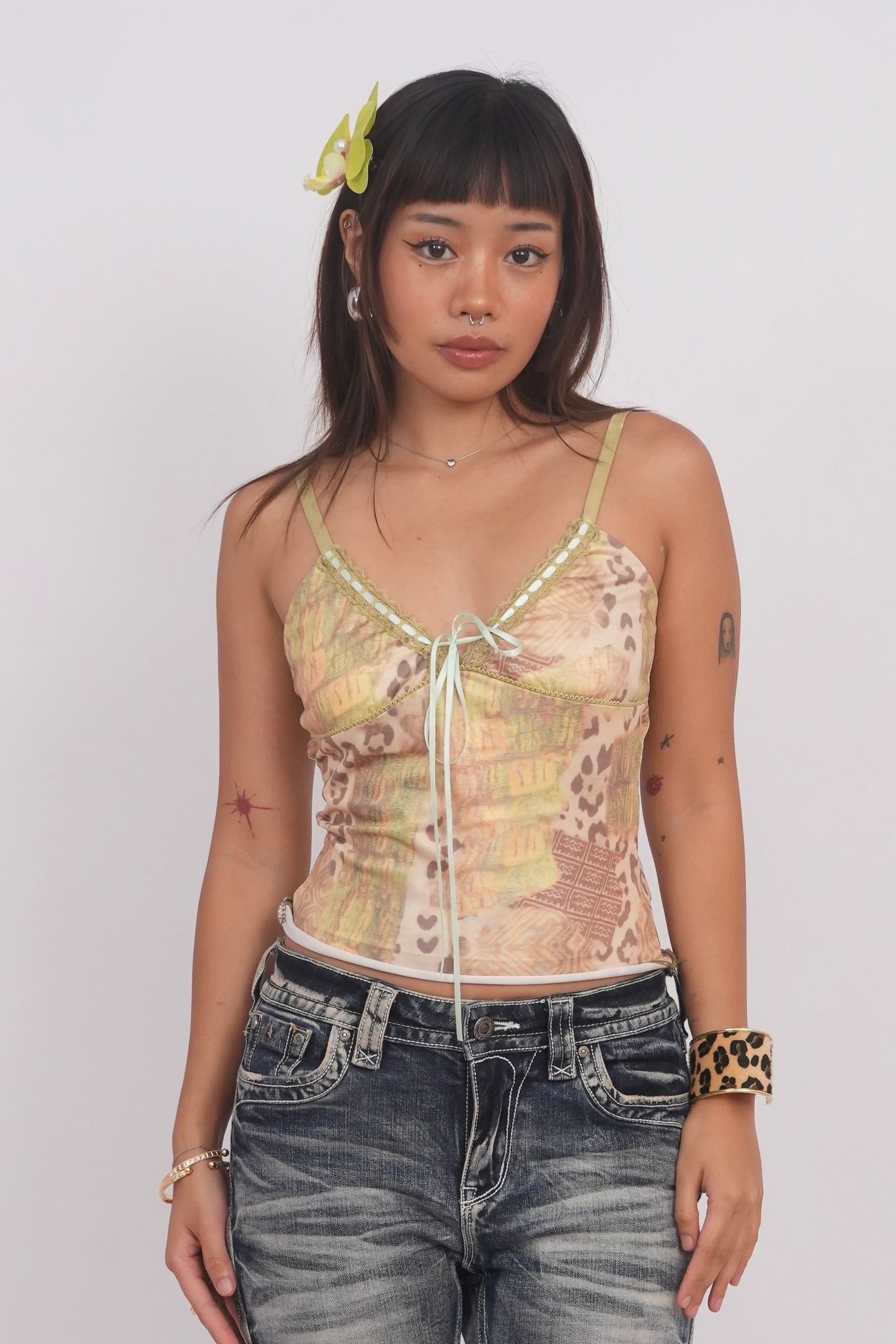 Leopard Print Contrast Lace Bow Camisole