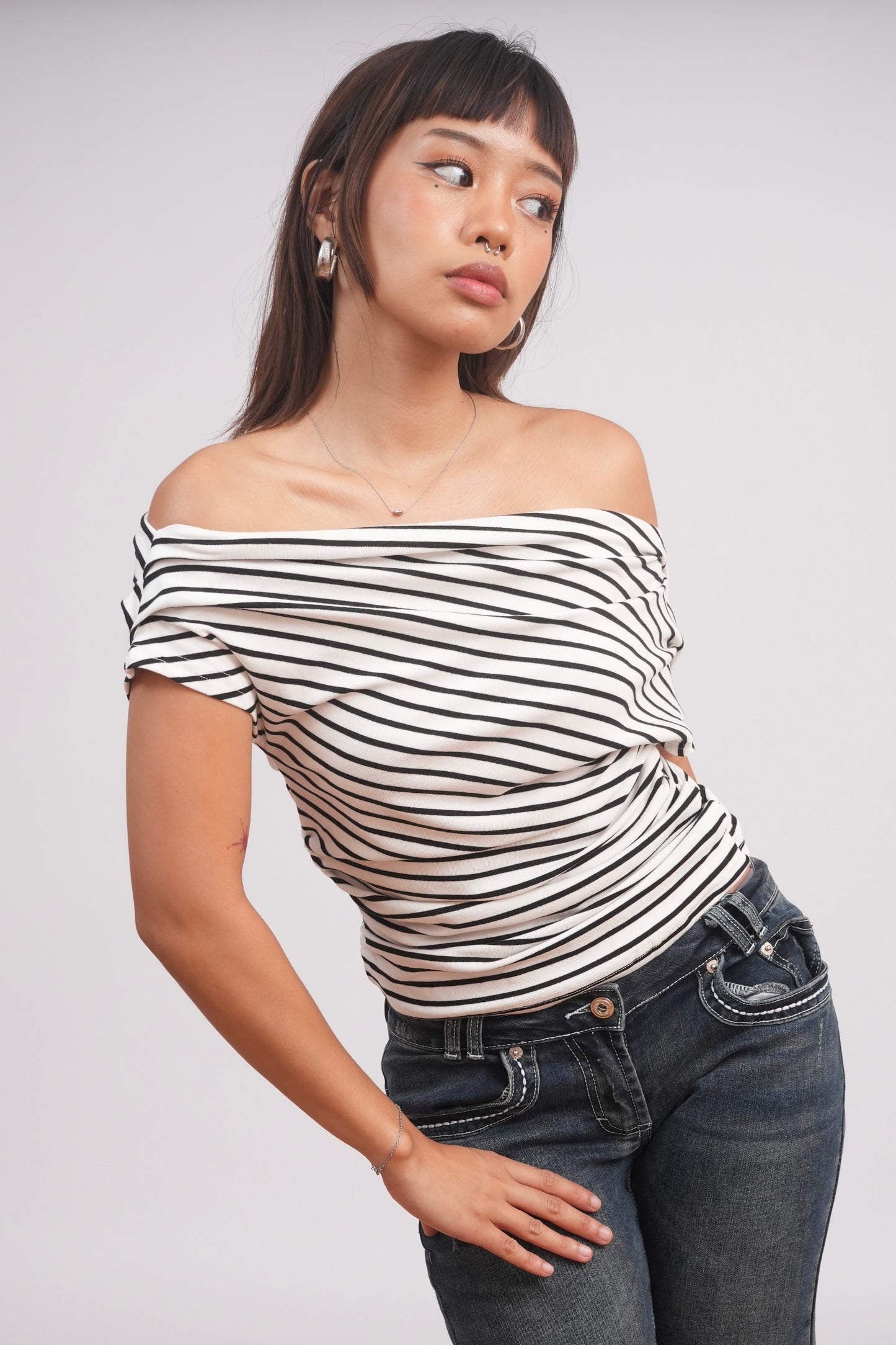 Black & White Striped Off-Shoulder Top