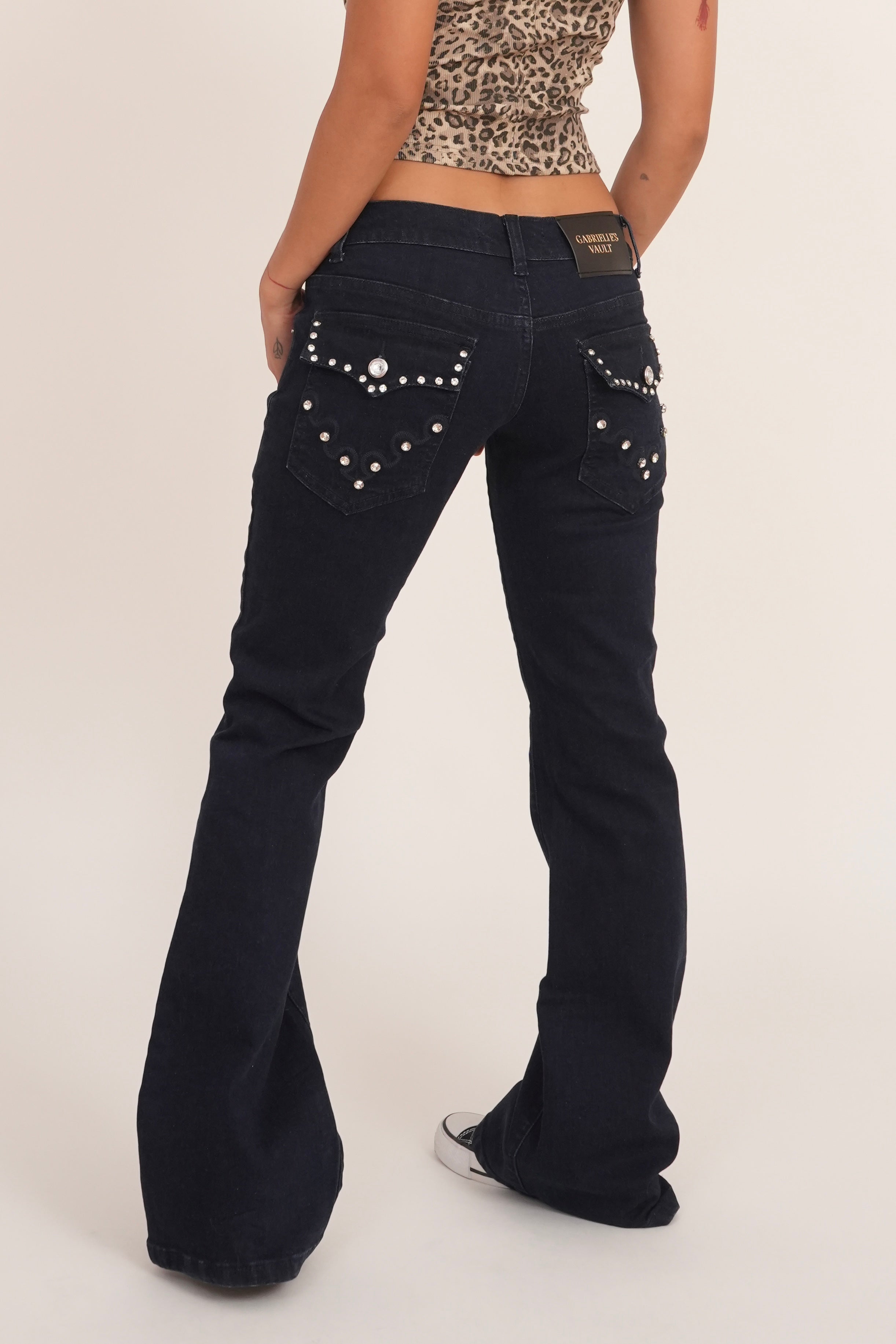 Low rise Rhinestone Patch Work Flared Jeans