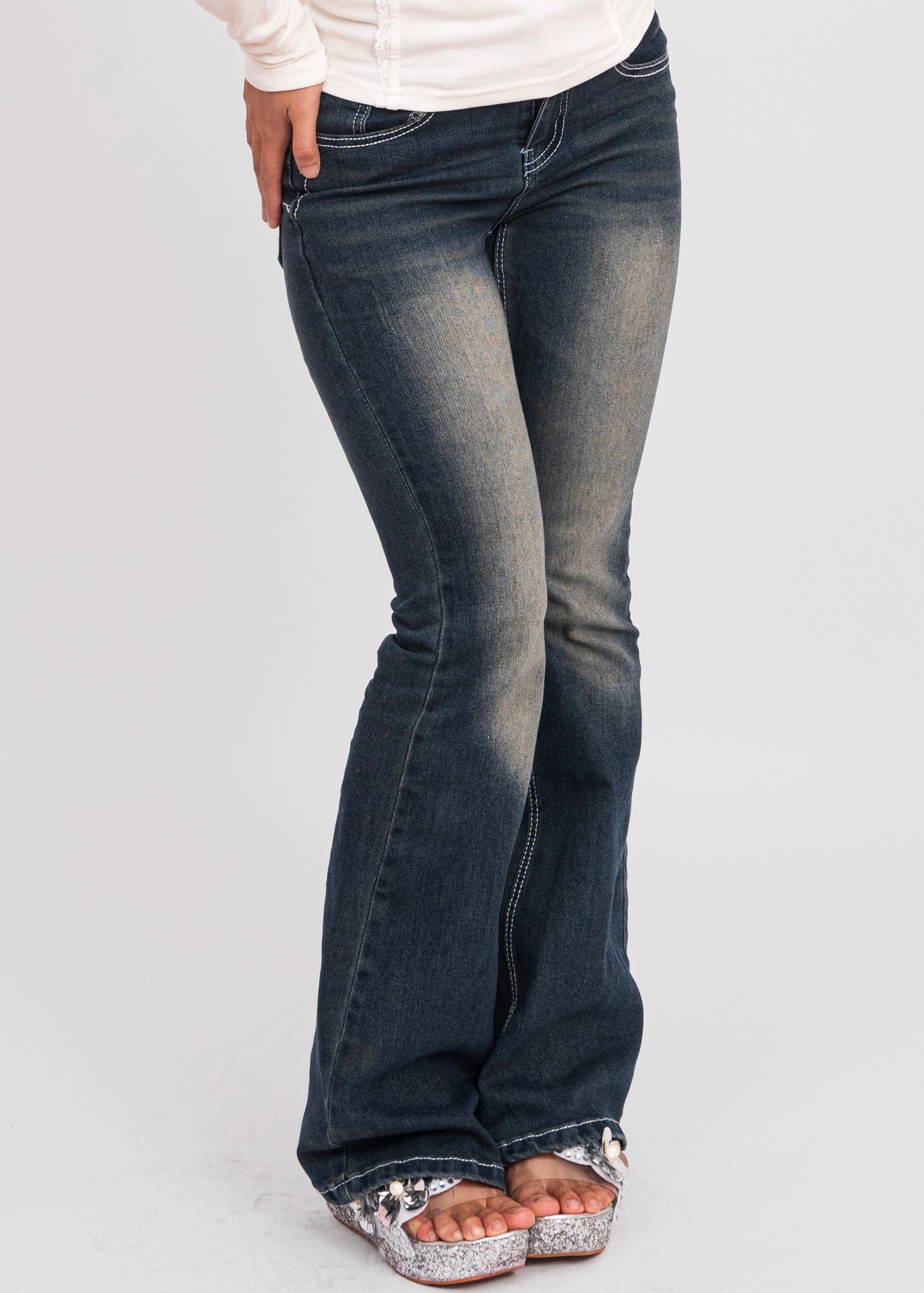 Low Waist Patch Work Flared Jeans