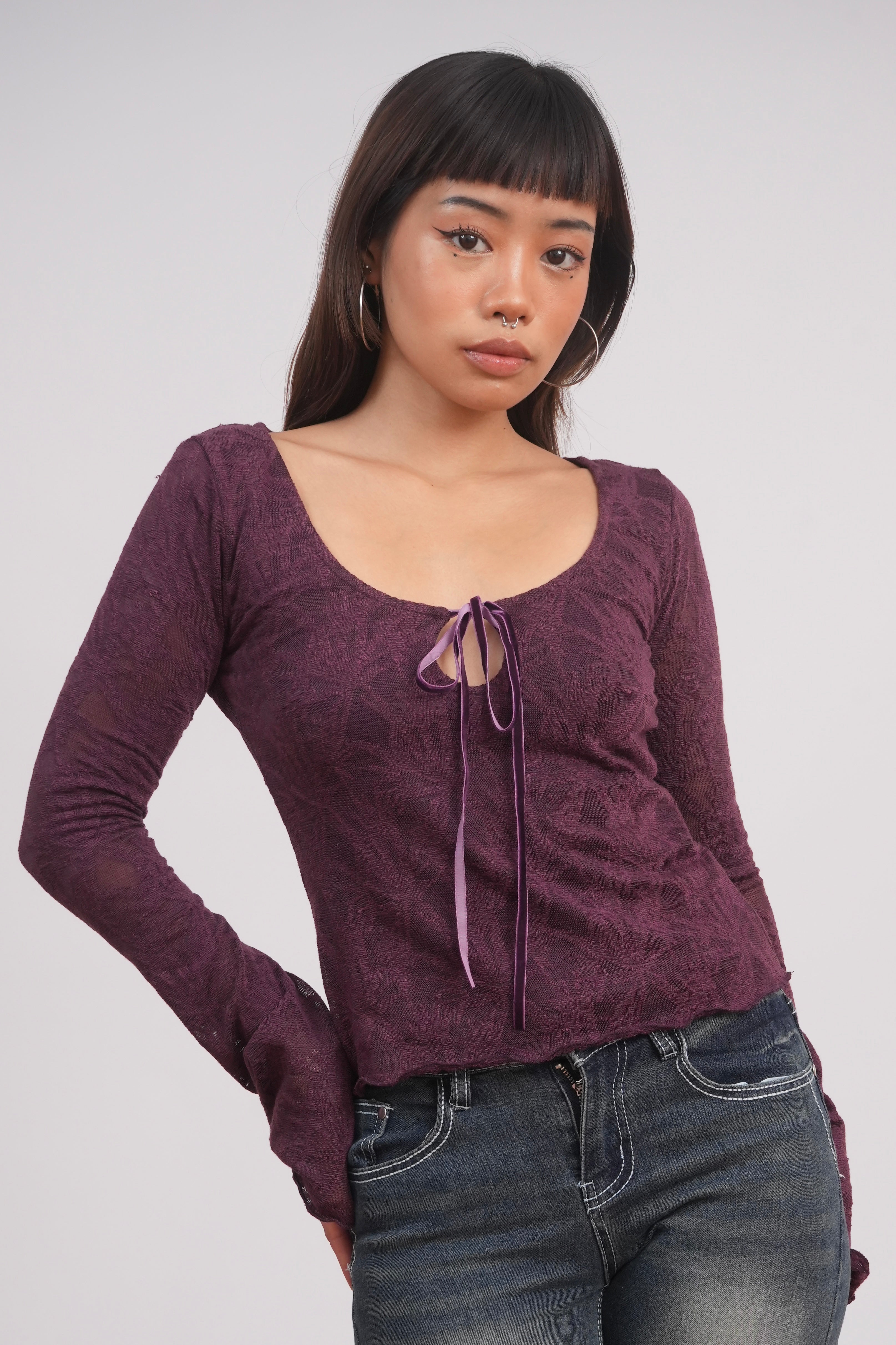 Velvet Kiss Jacquard Tie-Front Top
