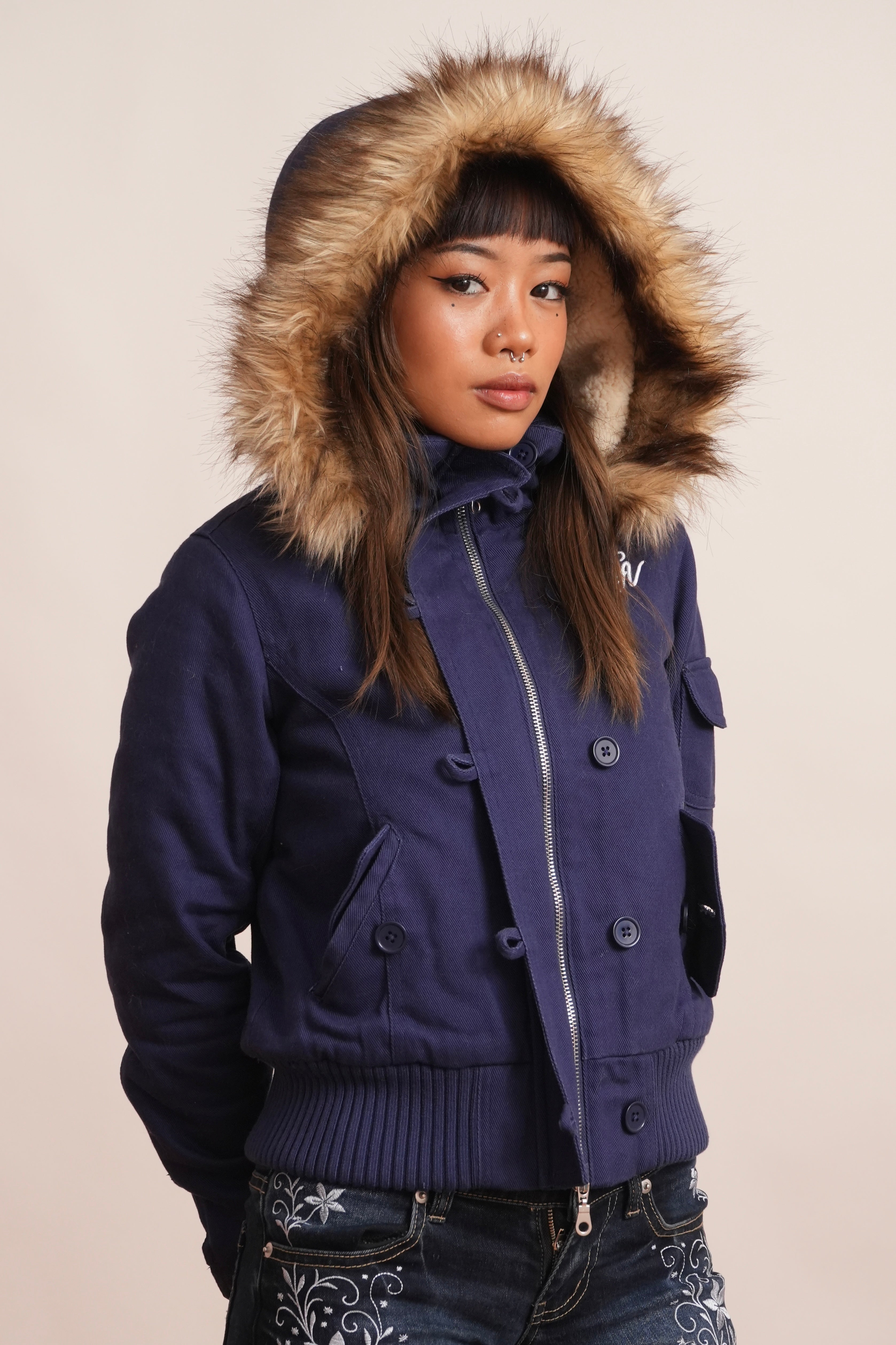 V2 2000s Jacket with Fur Collar
