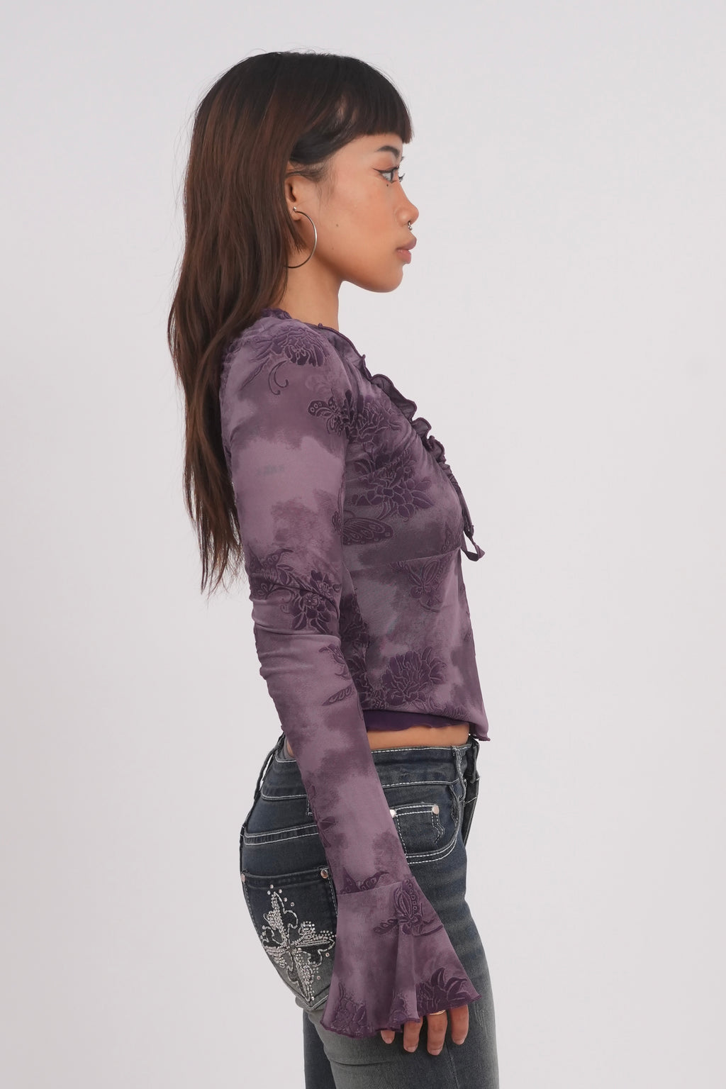 Flocked Rose Trumpet Sleeve Mesh Top