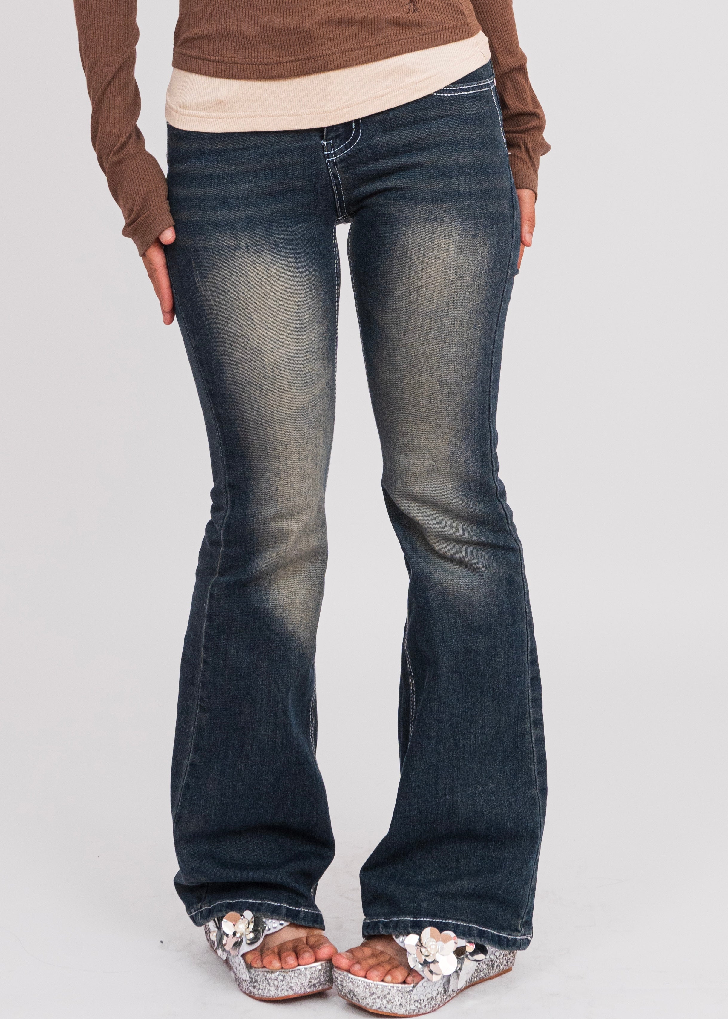 Low Waist Patch Work Flared Jeans