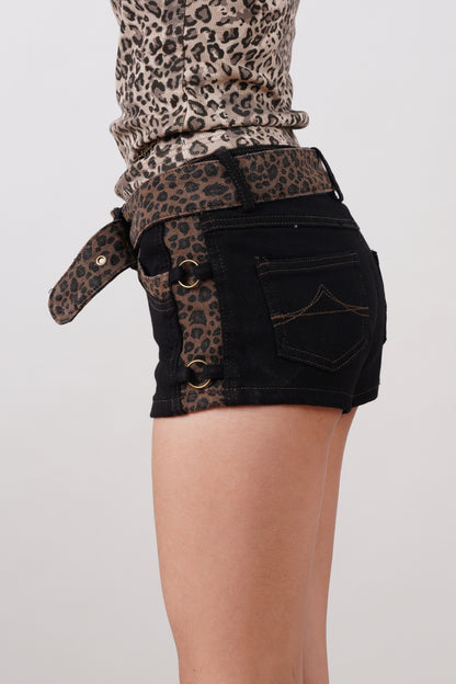 Black Denim Shorts with Leopard Print & Belt
