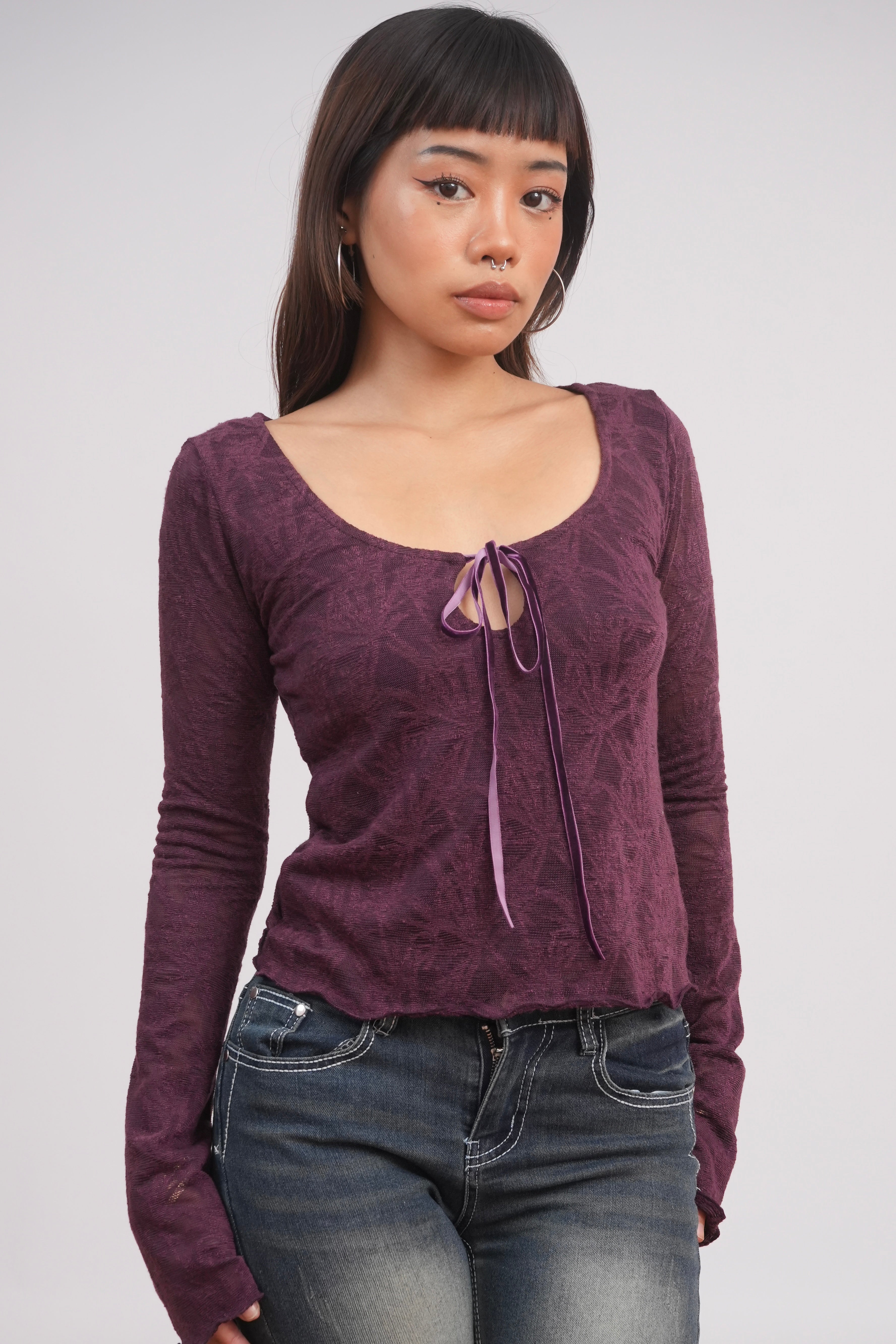 Velvet Kiss Jacquard Tie-Front Top